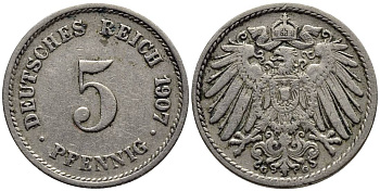 ГЕРМАНИЯ 5 ПФЕННИГОВ 1907 G KM 11, Jager 12, Weege 6 медно-никель 4547-462