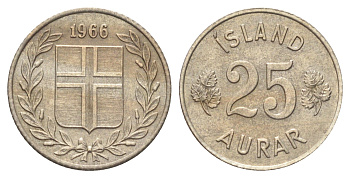 Исландия 25 эйре 1966 KM 11 медно-никель UNC 4668-927