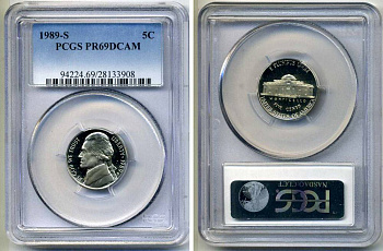 США 5 центов 1989 S, президент Джеферсон, в слабе PCGS PR69CAM KM А192 медно-никель PROOF 00-00