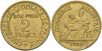 ФРАНЦИЯ 2 ФРАНКА 1925 ТИП CHAMBRES DE COMMERCE KM 877, LE FRANC 267.7 алюминиевая бронза 69-1232