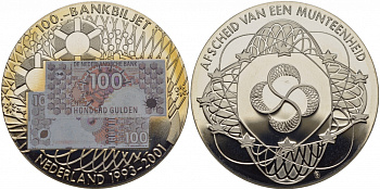 НИДЕРЛАНДЫ МЕДАЛЬ 2001 БАНКНОТА 100 ГУЛЬДЕНОВ, ЭМИССИЯ (1993-2001), ЦВЕТНАЯ ЭМАЛЬ, СЕРЕБРЕНИЕ, СЕРТИФИКАТ медно-никель PROOF 01-149-44