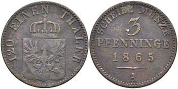 ПРУССИЯ 3 ПФЕННИГА 1865 А, ВИЛЬГЕЛЬМ I (1861-1888) KM 482 медь 117-1115