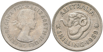 Австралия 1 шиллинг 1959 M, Елизавета II (1952-2022), овца меринос KM 59 серебро 4622-221