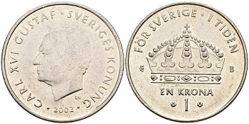 Швеция 1 крона 2002 Карл XVI Густав (1973- ) KM 894 медно-никель 4395-951
