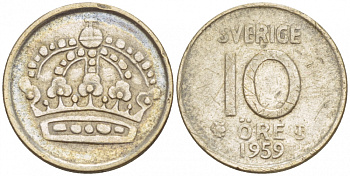 Швеция 10 эре 1959 TS, Густав VI Адольф (1950-1973) KM 823 серебро 4547-1057