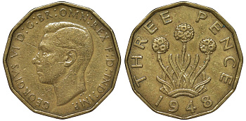 Великобритания 3 пенса 1948 Георг VI (1936-1952) KM 849, Spink 4112 никель латунь 4122-921