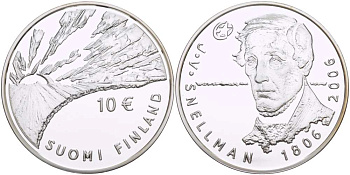 Финляндия 10 евро 2006 200 лет со дня рождения Йохана Снелльмана, философ KM 124 серебро PROOF 1085-9-51
