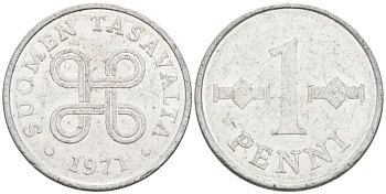 Финляндия 1 пенни 1971 KM 44а алюминий 192-1258