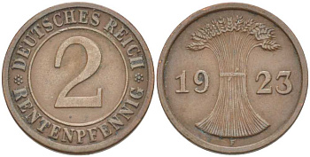 ГЕРМАНИЯ 2 РЕНТЕНПФЕННИГА 1923 F KM 31, J. 307 бронза 206-1157