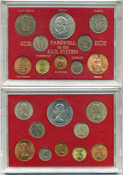 Великобритания набор из 10 монет 1955-1967 двенадцатеричная денежная система, крона 1965 года Черчилль, в пластиковой упаковке UNC 3-6-4-1