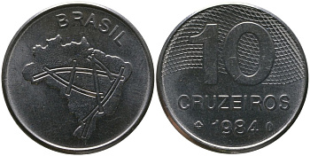Бразилия 10 крузейро 1984 KM 592.1, Schon 101 нержавеющая сталь aUNC 4519-216