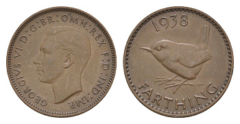 Великобритания 1 фартинг 1938 Георг VI (1936-1952) KM 843, Spink 4116 бронза 4630-1216