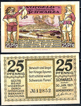 Шварца-ан-дер-Заале (Тюрингия) 25 пфеннигов 1921 Mehl Grabowski 1207-2/3 бумага UNC (пресс) 7556-60-1-1