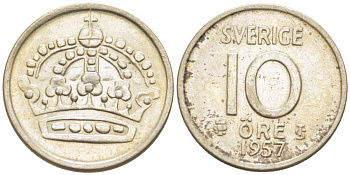 Швеция 10 эре 1957 TS, Густав VI Адольф (1950-1973) KM 823 серебро 116-1216