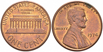 США 1 ЦЕНТ 1974 ЛИНКОЛЬН KM 201 медь цинк UNC 3309-253