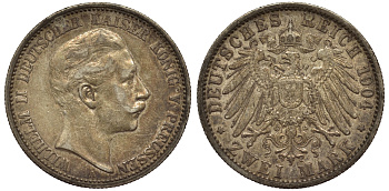 Пруссия 2 марки 1904 A, Вильгельм II (1888-1918) J.102, Weege 101, KM 522 серебро 02-014-25