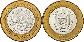 Мексика 100 песо 2004 180 лет Федерации - Наярит KM 744 биметалл, серебро BU 00-1067-9-62