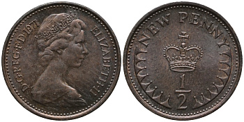 Великобритания 1/2 пенни 1971 Елизавета II (1952-2022) KM 914, Spink 4239 бронза 99-827