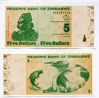 Зимбабве 5 долларов 2009 тигровая рыба, Кариба ГЭС Pick 93 бумага UNC (пресс) 448-3-2