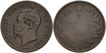 Италия 5 чентезимо 1861 M, Виктор Эммануил II (1861-1878) KM 3.2 медь    4597-237