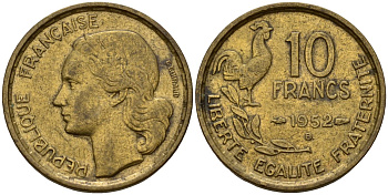 Франция 10 франков 1952 петух KM 915.1, Le Franc 363.4 алюминиевая бронза 4156-717