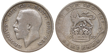 Великобритания 6 пенсов 1922 Георг V (1910-1936) KM 815а.1, Spink 4024 серебро 4124-719