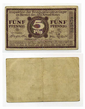 Германия 5 пфеннигов 1917 инспекция лагерей военнопленных в Франкфурте на Майне, XVIII-ий Армейский корпус C-2955 бумага 504-83-2-1
