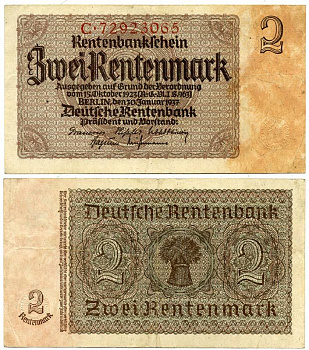 ГЕРМАНИЯ 2 РЕНТЕНМАРКИ 1937 30 ЯНВАРЯ 1937, ВЕЙМАРСКАЯ РЕСПУБЛИКА, ВОСЕМЬ ЦИФР В НОМЕРЕ СЕРИИ, СЕРИЯ C Pick 174b, Rosenberg 167b бумага 3295-84-3-1