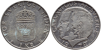 Швеция 1 крона 1978 Карл XVI Густав (1973- ) KM 852 медь плакированная медно-никелем 57-446