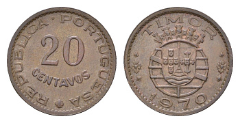Португальский Тимор 20 сентаво 1970 год-тип KM 17 бронза aUNC 4669-732