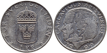 Швеция 1 крона 1999 Карл XVI Густав (1973- ) KM 852a медно-никель 89-542