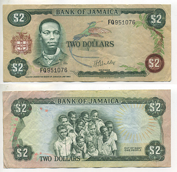 ЯМАЙКА 2 ДОЛЛАРА 1976 ПОЛЬ БОГЛЕ, ПОДПИСЬ 5 Pick 60b бумага 7551-39-3-1