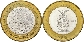 Мексика 100 песо 2004 180 лет Федерации - Синалоа KM 695 биметалл, серебро BU 00-1067-9-12