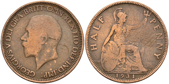 Великобритания 1/2 пенни 1931 Георг V (1910 - 1936) KM 837, Spink 4058 бронза 4153-813