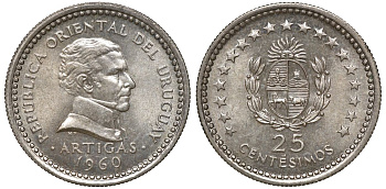 Уругвай 25 сентесимо 1960 KM 40 медно-никель 4169-825