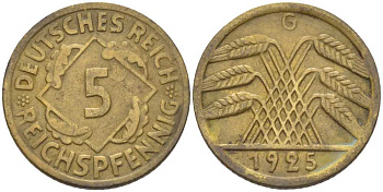 ГЕРМАНИЯ 5 РЕЙХСПФЕННИГОВ 1925 G KM 39, J. 316, Weege 7 алюминиевая бронза 211-547