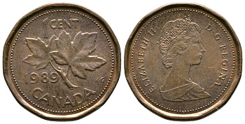 Канада 1 цент 1989 Елизавета II (1952-2022), кленовый лист KM 132 бронза 46-923