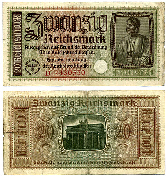 Германия 20 рейхсмарок 1939-1944 серия D, для оккупированных территорий, Вторая мировая война Pick 554, Розенберг R139a  бумага   8603-27-2-1