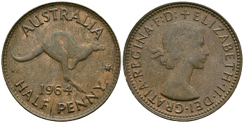 Австралия 1/2 пенни 1964 Елизавета II (1952-2022), кенгуру KM 61 медь 4167-751