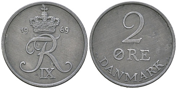 Дания 2 эре 1969 C; S, Фредерик IX (1947-1972) KM 840 цинк aUNC 213-544