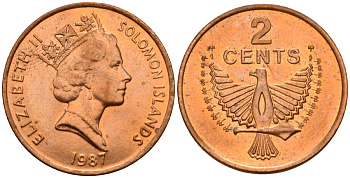 Соломоновы Острова 2 цента 1987 Елизавета II (1953-) KM 25 сталь плакированная бронзой aUNC 4566-342