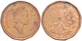 Канада 1 цент 1991 Елизавета II (1952-2022), кленовый лист KM 181 бронза 71-1156