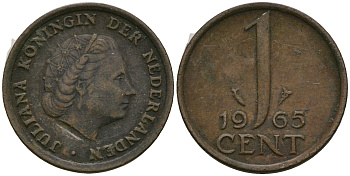 Нидерланды 1 цент 1965 Юлиана (1948-1980) КМ 180 бронза 4608-1127