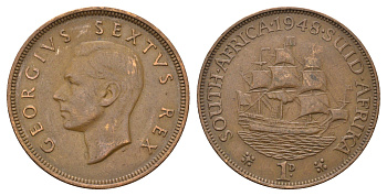 ЮАР 1 пенни 1948 Георг VI (1936-1952), точка после даты KM 34.1 бронза 4517-1143