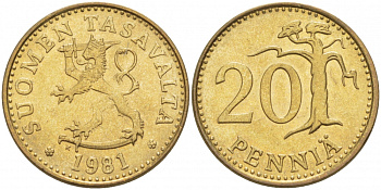 ФИНЛЯНДИЯ 20 ПЕННИ 1981 K KM 47 алюминиевая бронза UNC 3718-513