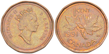 Канада 1 цент 1991 Елизавета II (1952-2022), кленовый лист KM 181 бронза 71-1135