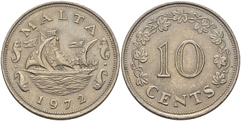Мальта 10 центов 1972 баржа Великого магистра KM 11 медно-никель 82-616