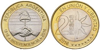 Аргентина 2 песо 2016 200 лет Независимости KM 184 биметалл UNC 4619-335