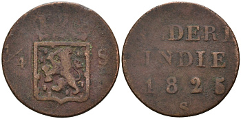 Суматра, Нидерландская Индия 1/4 стивера 1825 S, закрытая "5" KM 287 медь 1528-112