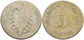 ГЕРМАНИЯ 5 ПФЕННИГОВ 1874 B, СТАРОГЕРБОВКА KM 3, J. 3, Weege 5 медно-никель 206-1054